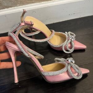 Authentic MACH & MACH Double Crystal Bow Heels Pink Satin size 36.5